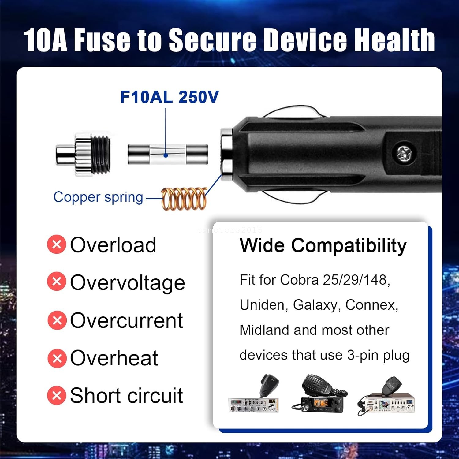 CB Radio Car Charger Cable 3-Pin Plug & 12V Cigarette Lighter for Cobra Galaxy