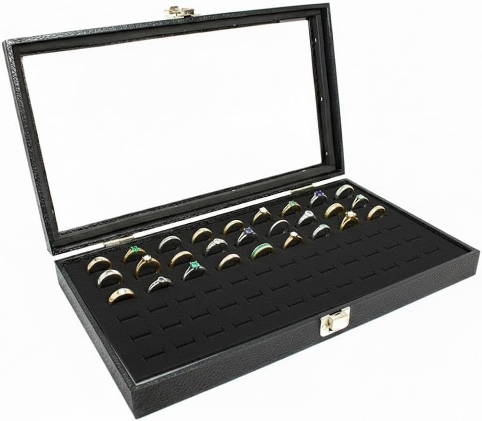 Novel Box Glass Top Black Jewelry Display Case With 36 or 72 Foam Ring Inserts