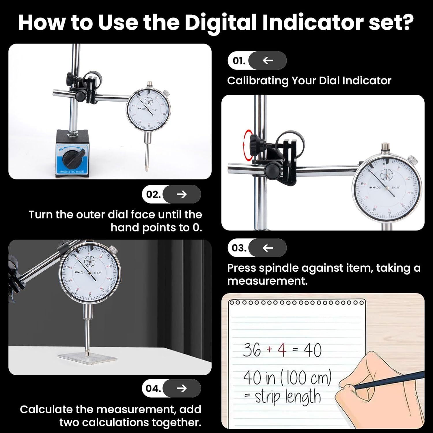 Dial Indicator with Magnetic Base 0-1.0" & Point Dial Test Indicator 0.001" Set