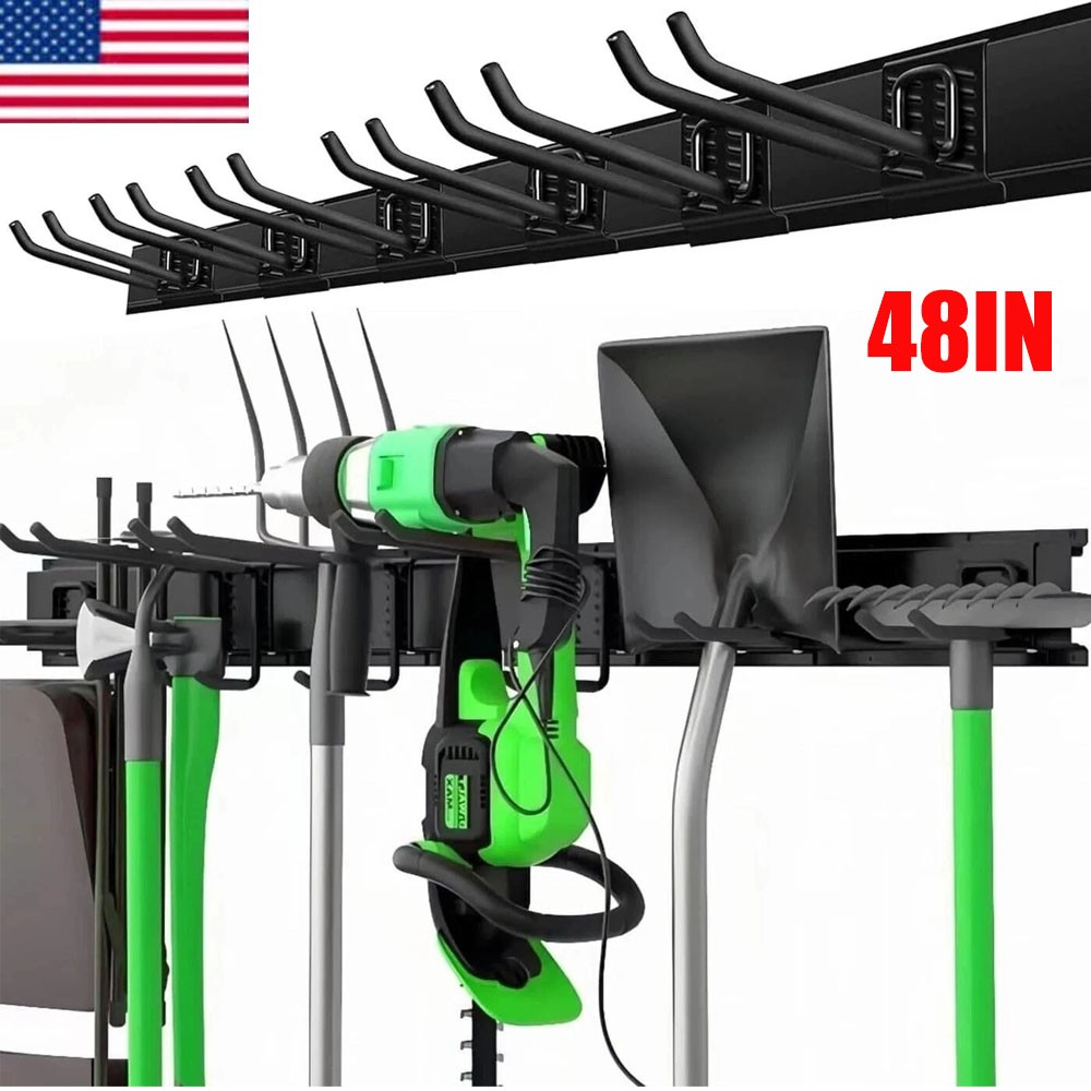 Garden Tool Organizer Wall Mount 48 Inch Black Metal Garage Storage Rack Heavy