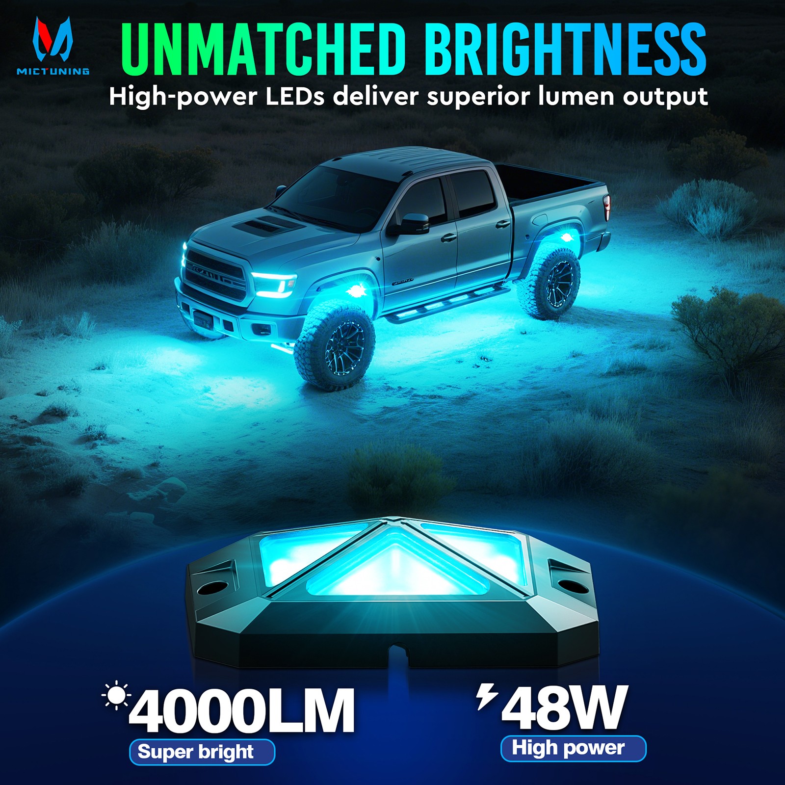 MICTUNING 48W C4 8 Pods RGBW LED Rock Lights, Underglow Neon Accent Lighting Kit