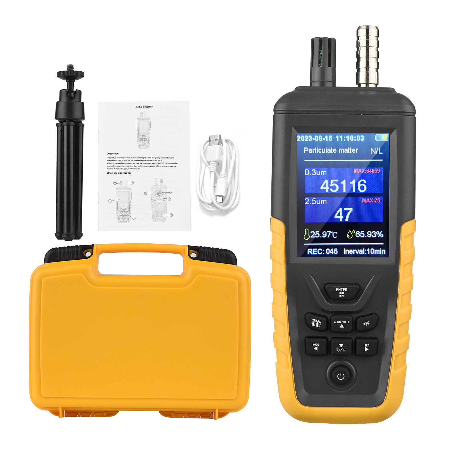 Air Quality Monitor, PM0.3/2.5/10 Dust Particle Counter, High Sensitivity 3-Chan