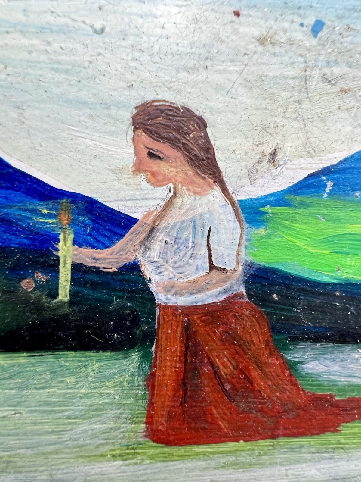 1966 Mexican Ex Voto Painting on Tin Retablo Folk Art 6 1/4 X 10 3:4”