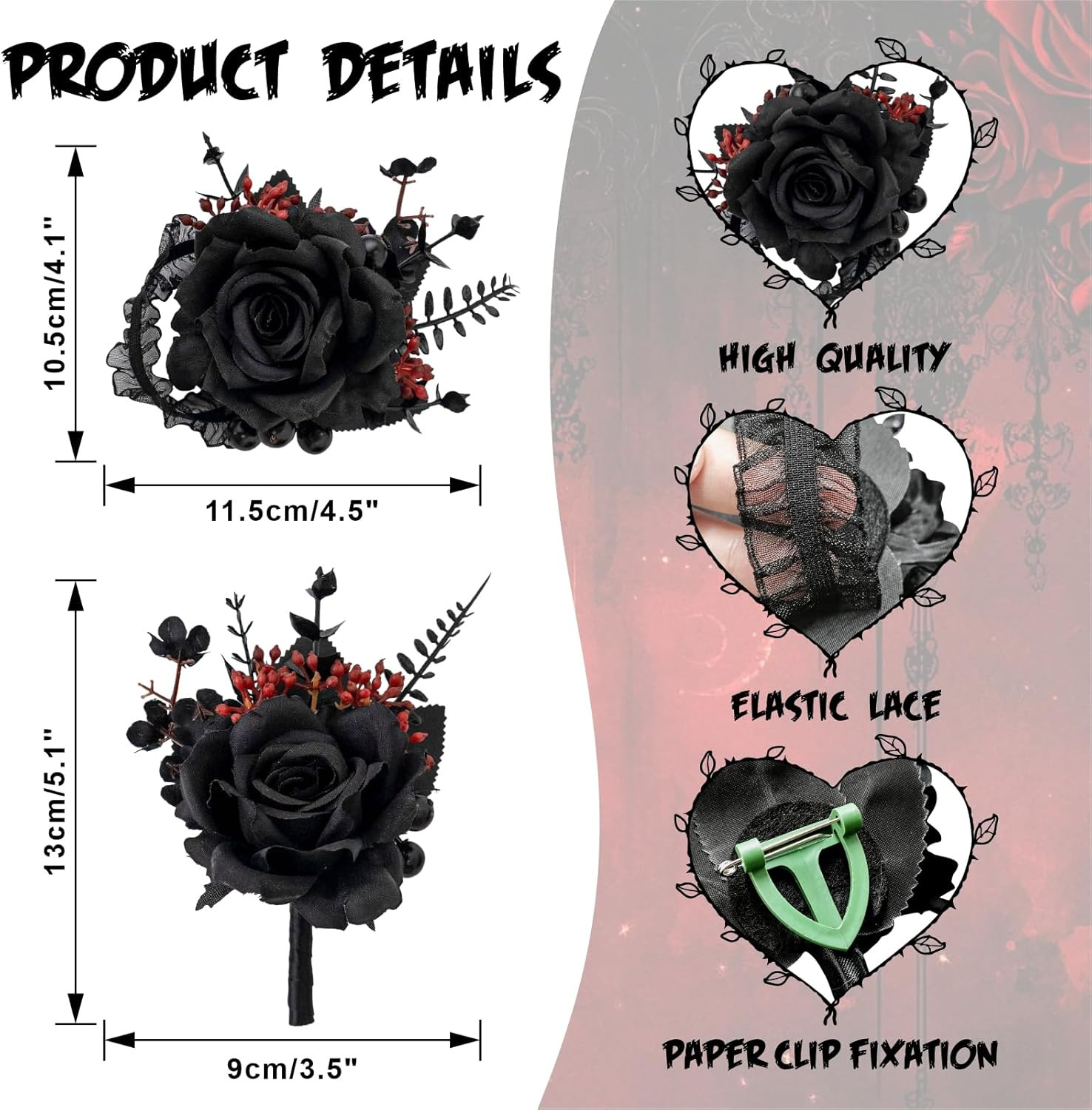 Gothic Black and Red Wrist Corsage and Boutonniere Set for Weddings and Prom