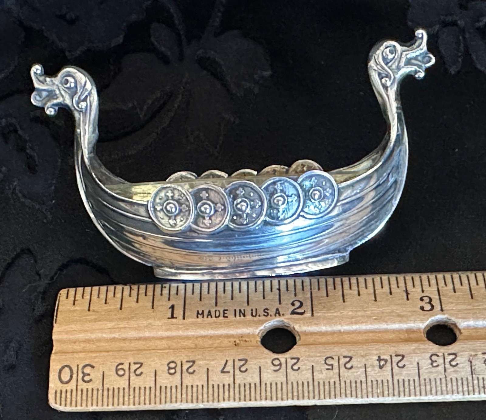 Vintage 925S Sterling Silver Viking Ship Salt Cellar Clear Glass Liner Insert