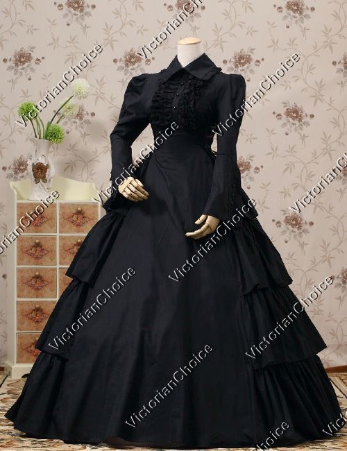 Black Victorian Gothic Maid Mourning Dress Steampunk Witch Halloween Costume 007