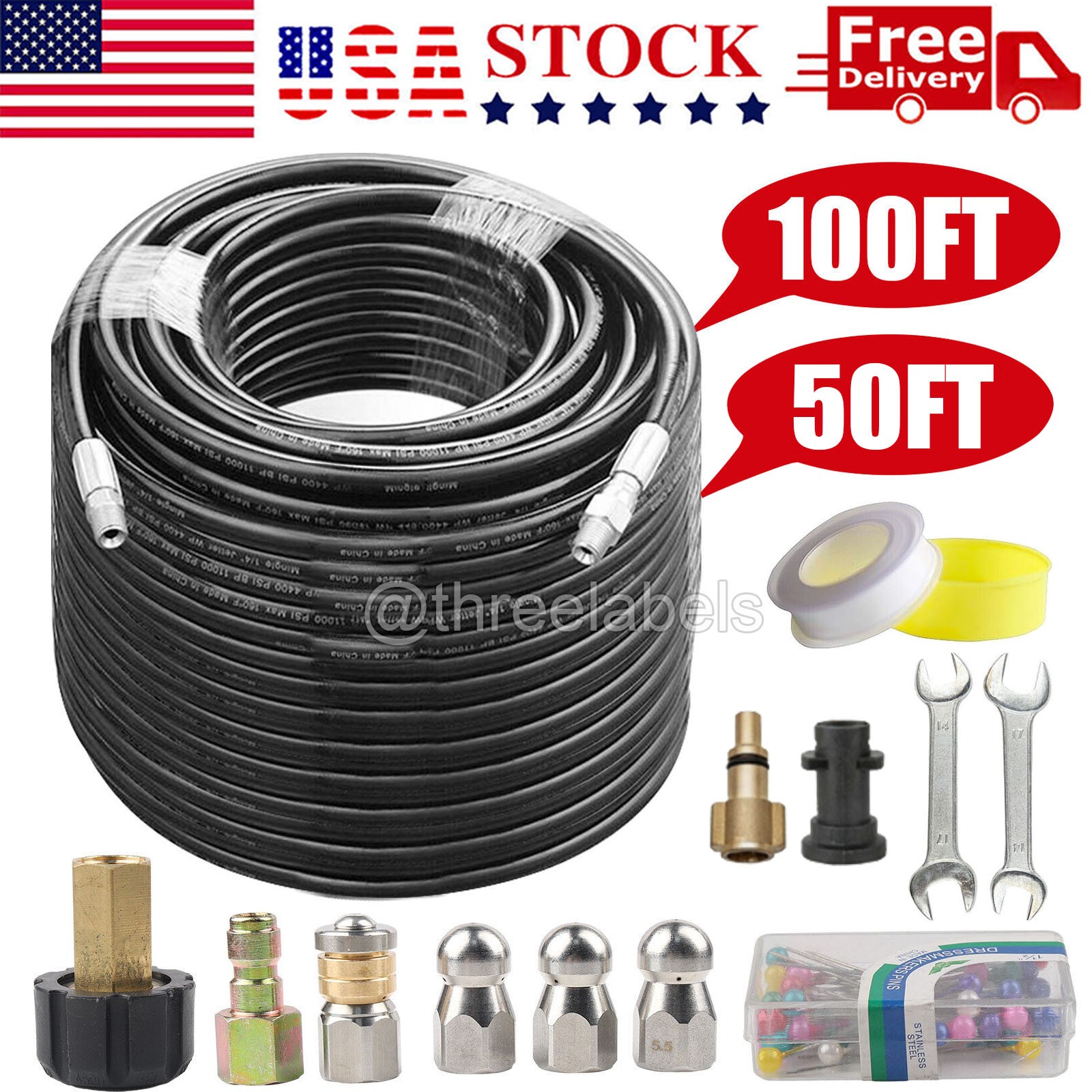 5800PSI Sewer Jetter Nozzles Kit 100FT 50FT Cleaning Hose for Pressure Washer