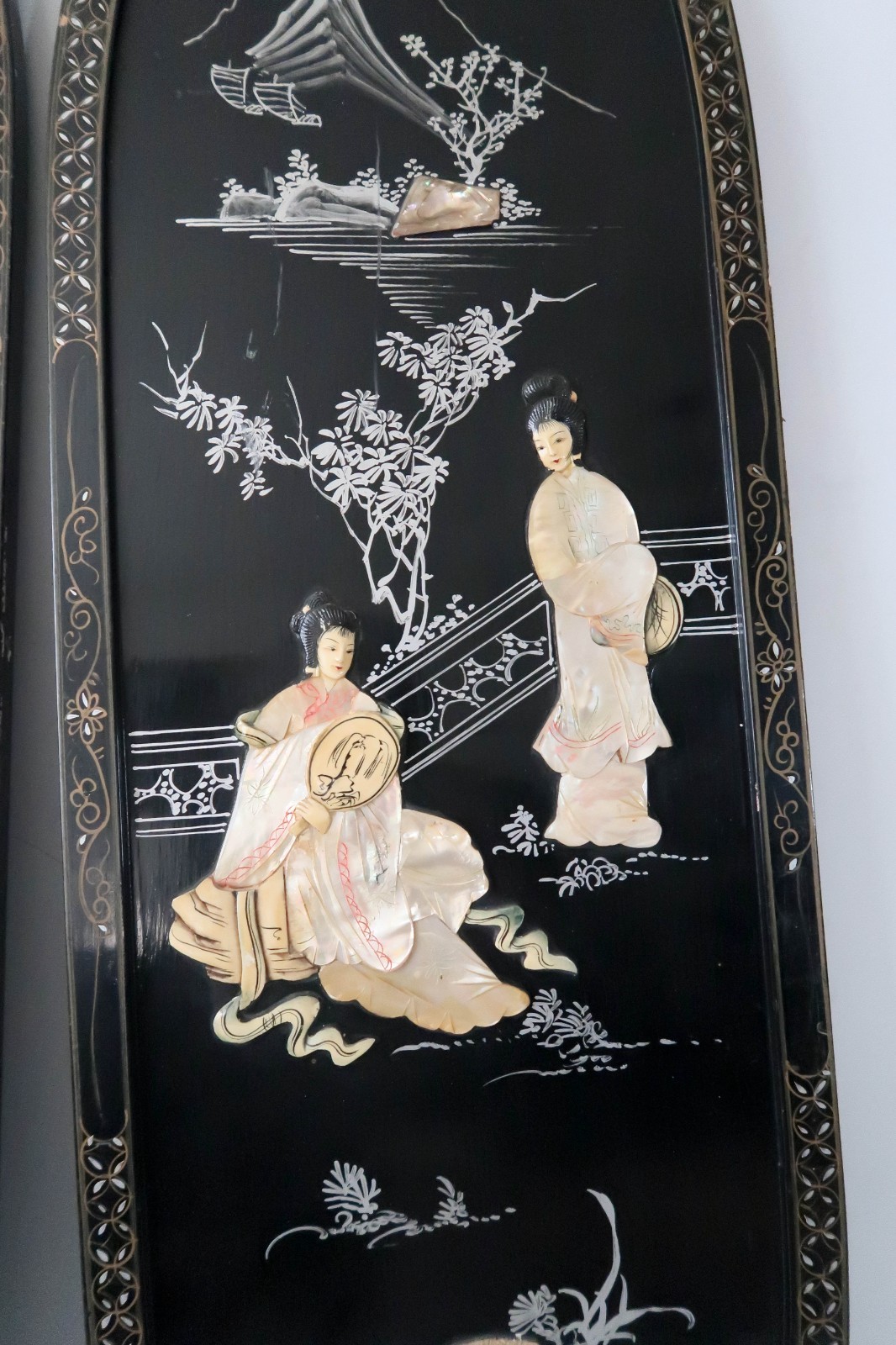 Set of 2 Asian Black Lacquer Mother of Pearl Wall Panels Art Geisha Women 36"