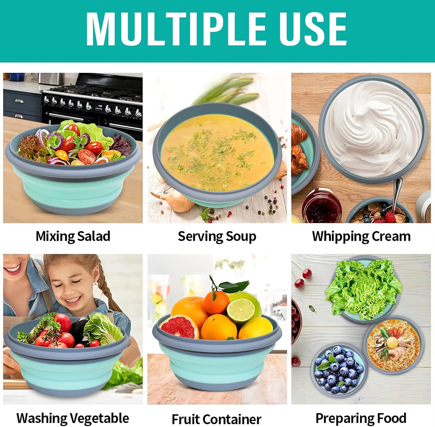 Collapsible Bowls, 3Pcs Food Grade Silicone Camping Bowl Salad Bowl with Lids, P