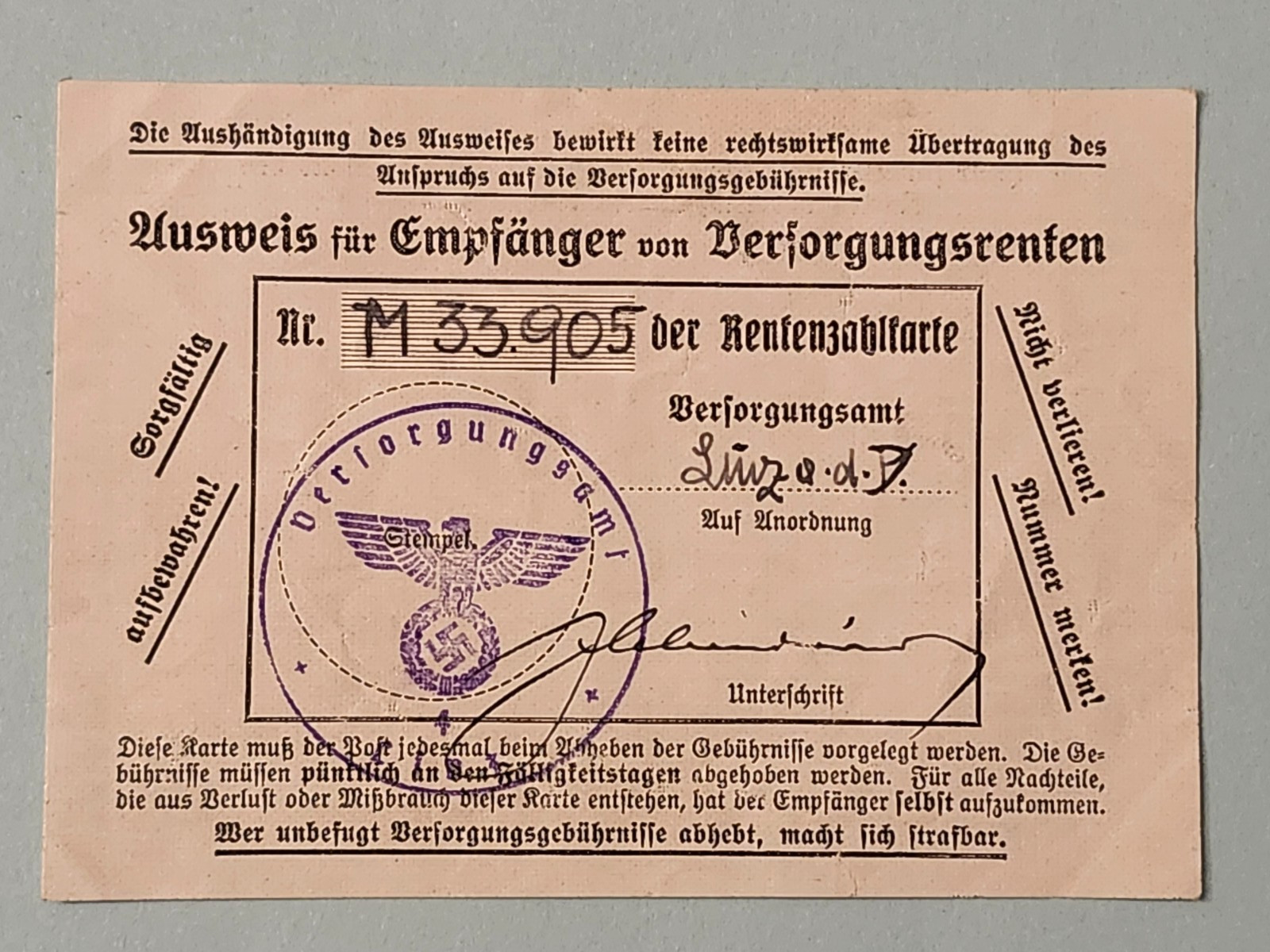 WW2 Germany. Identification card for pension benefits.