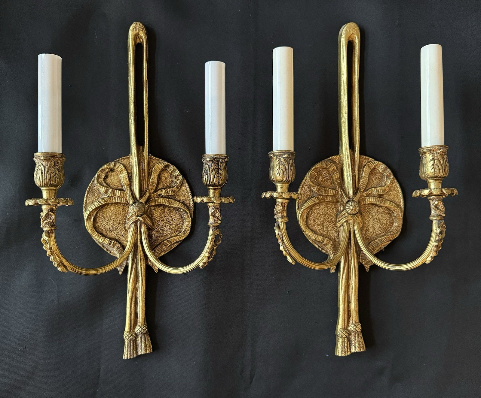 PAIR Vintage French Brass Bow Tassels Wall Sconce Candelabras 2 Pair Available
