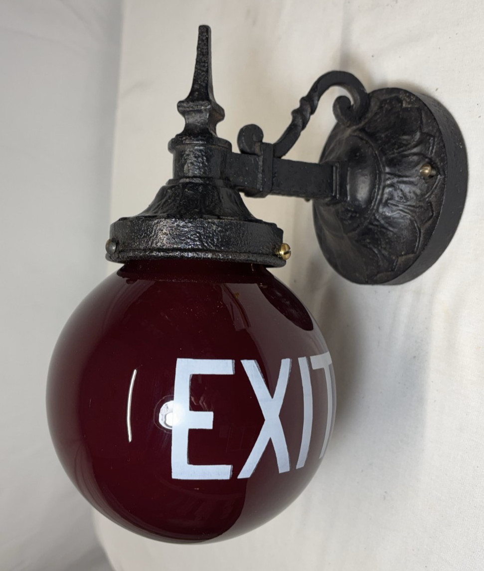 Vtg Exit Glass Light Globe Wall Sconce Cast Iron Fixture Art Deco Shade USA #L61