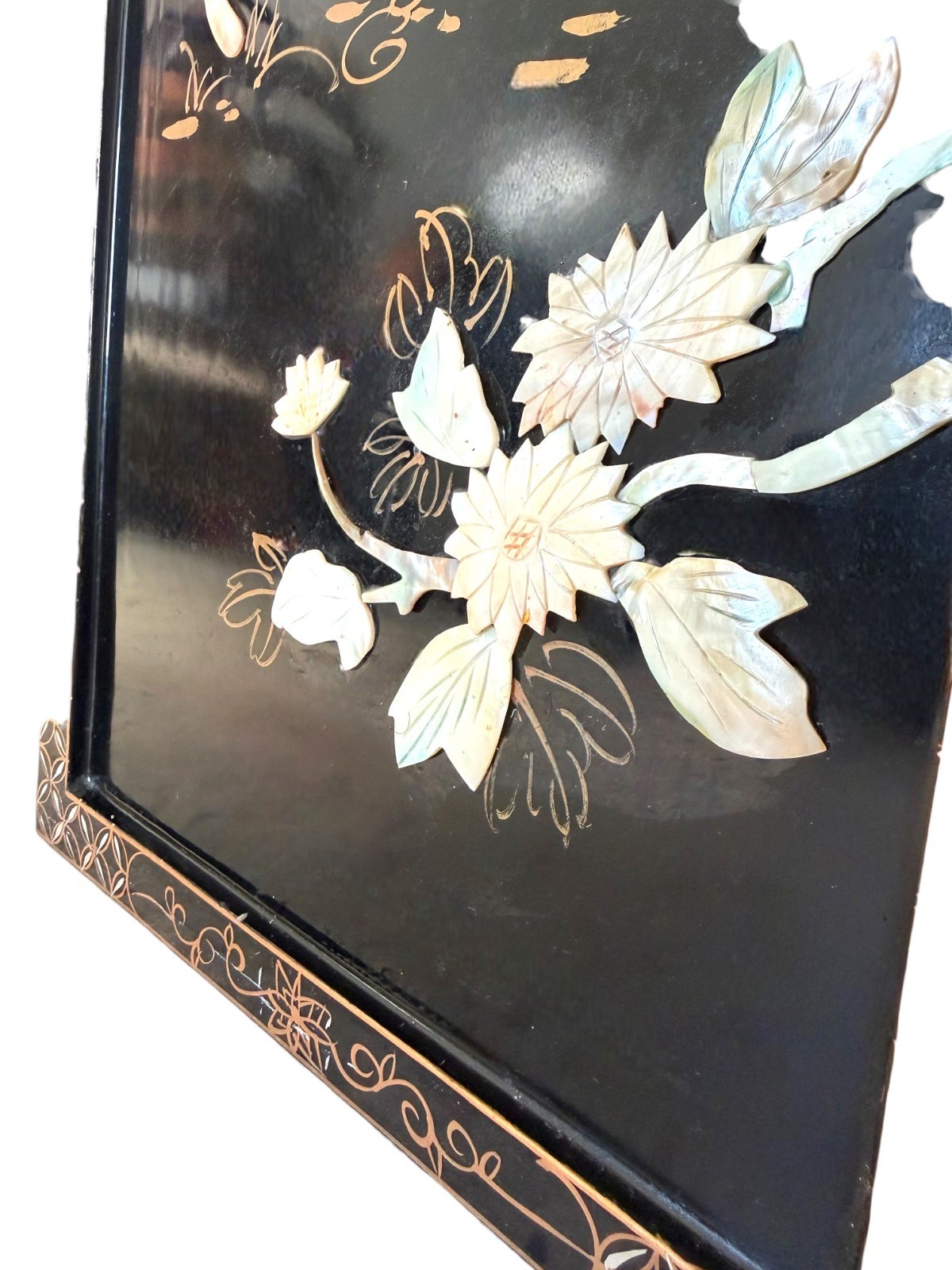 Vintage Chinese Black Lacquer Wall Panels 12x36 Mother of Pearl Inlay Set of 2