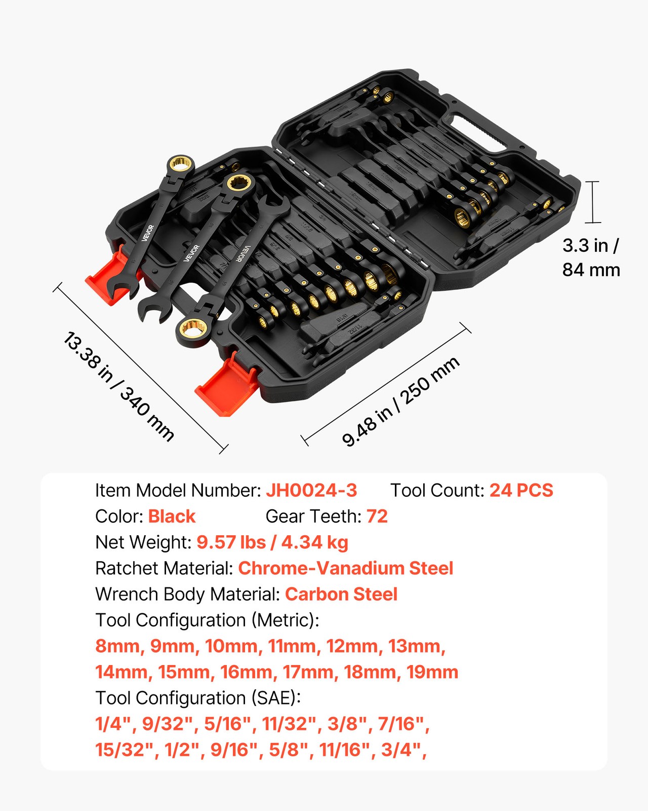 VEVOR Flex-Head Ratcheting Wrench Set Combination Wrench Set 24-Piece Black