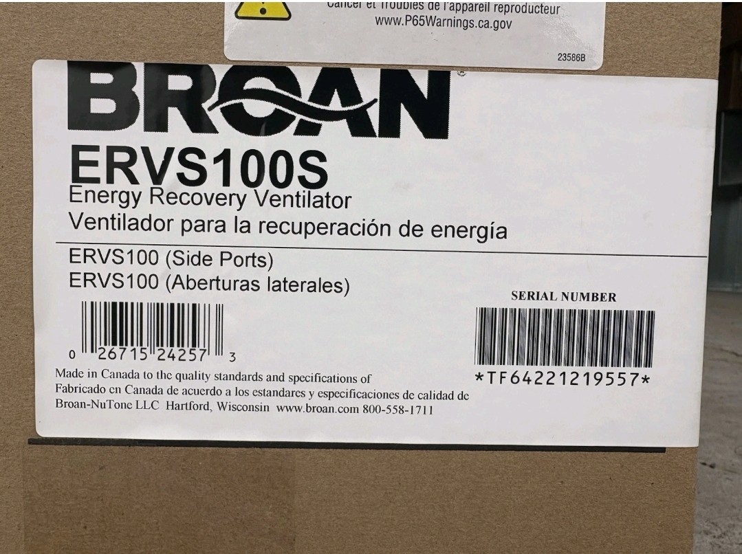 Broan-NuTone ERVS100S Energy Recovery Ventilator ERV 105CFM With Humidity Sensor