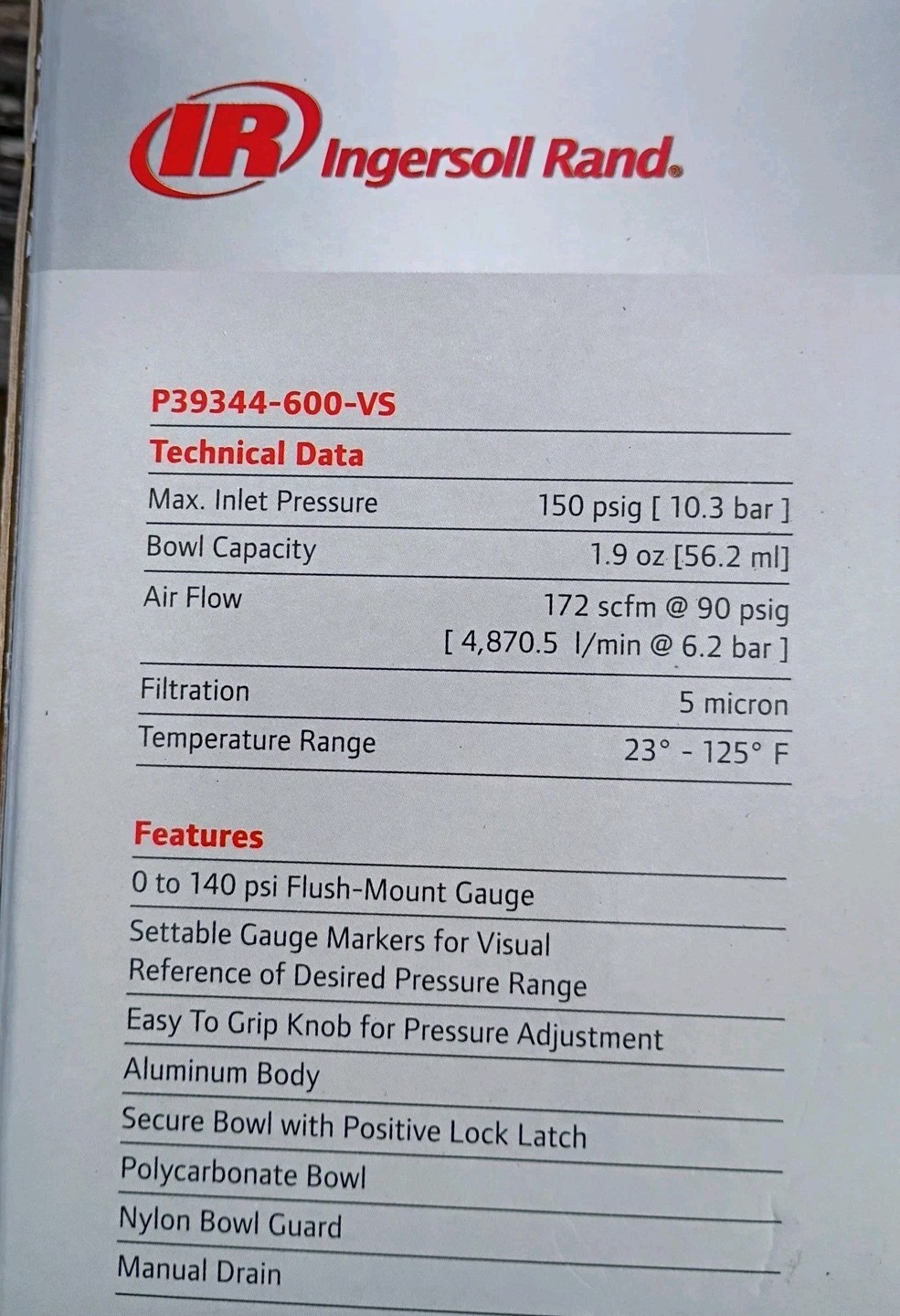 Ingersoll Rand ARO 1/2 NPT Air Line Piggyback RegulatorFilter P39344-600-VS. New