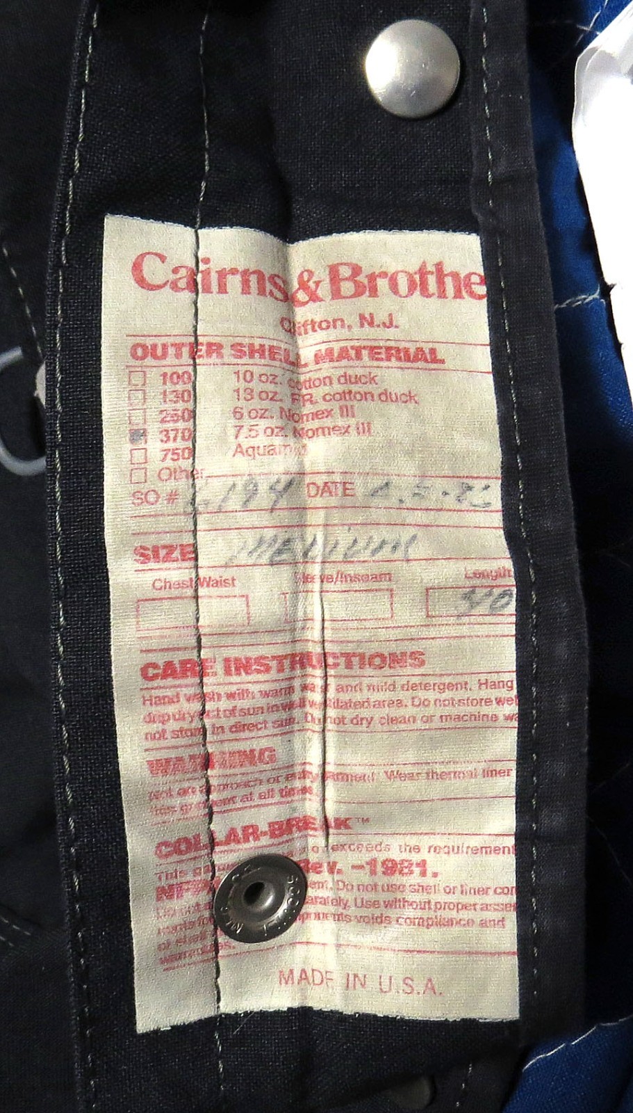 vtg Cairns & Brother 1986 BLACK TURNOUT Coat MED 40 Nomex 80s Fireman Reflectors