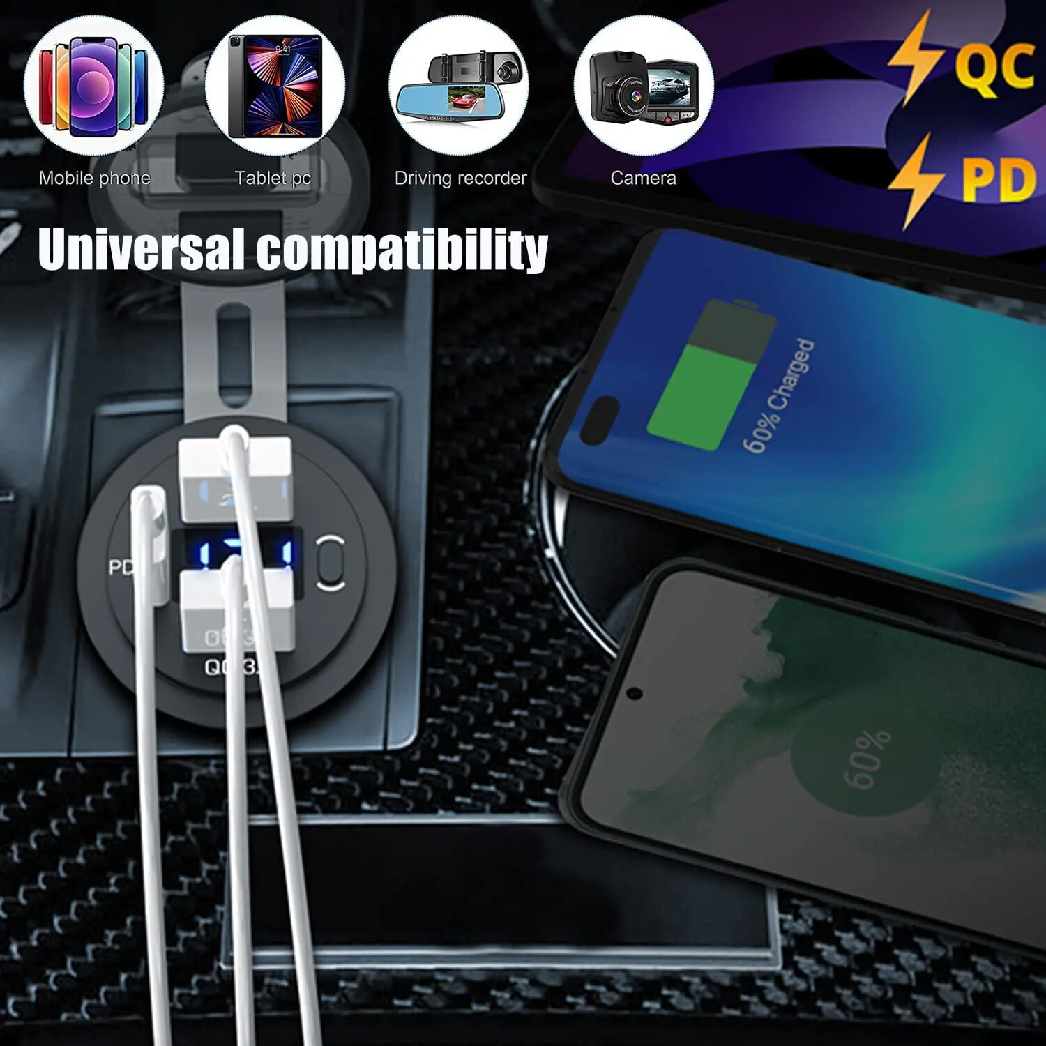 12V-24V PD + QC3.0 Dual USB Car Fast Charger Power Socket Outlet LED Voltmeter