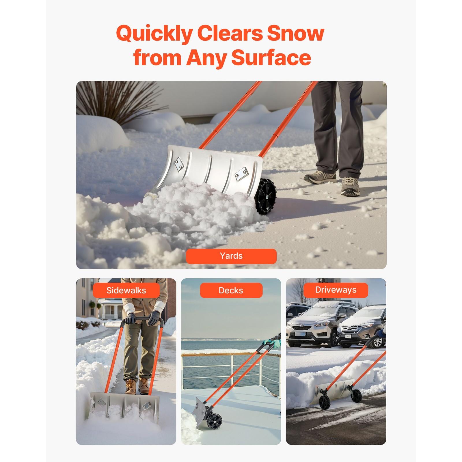 Snow Shovel with Wheels 24" Durable Metal Snow Removal Pusher Plow for Driveway