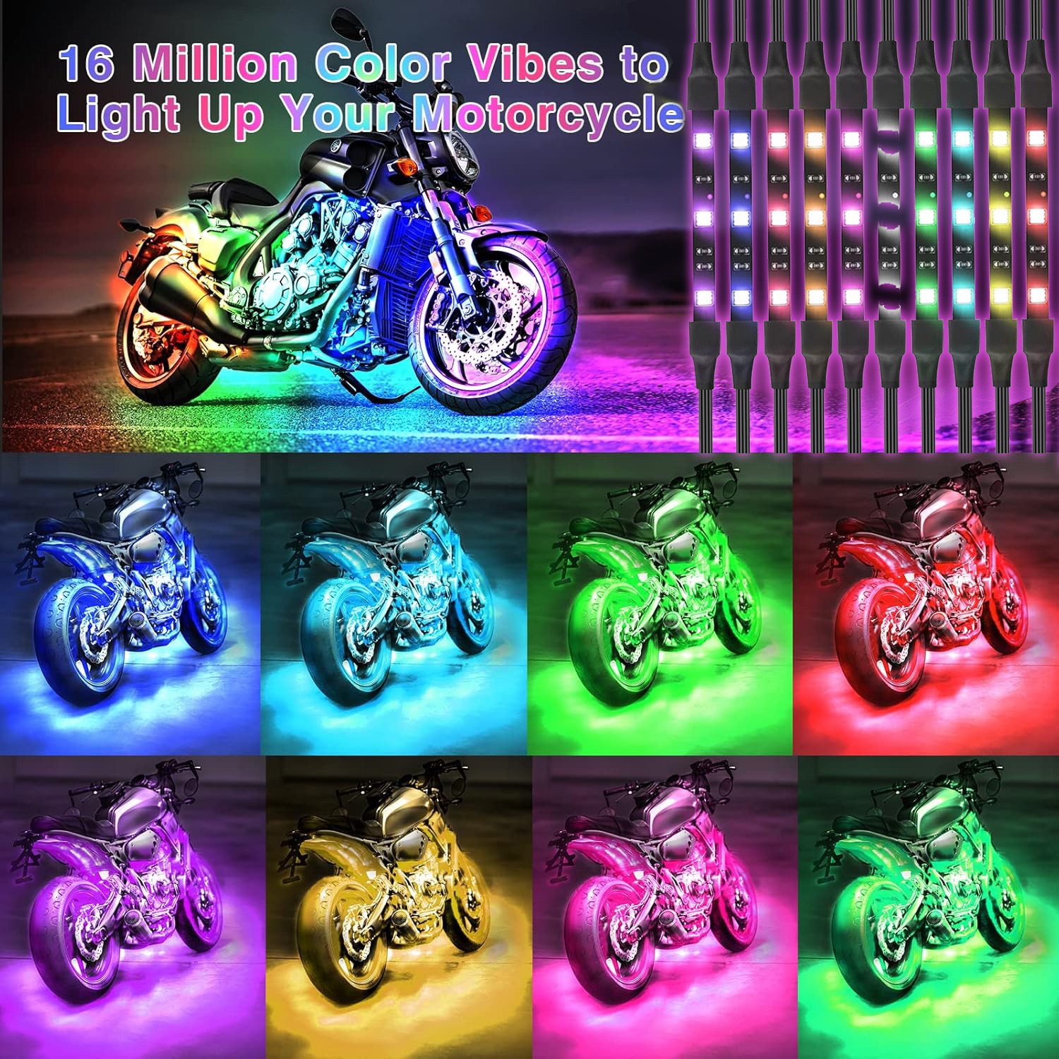 10PCS Motorcycle RGB LED Strip Light Under Glow Neon Kit Bluetooth APP Control