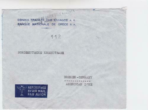 Greece 1953 national bank  to bremen germany airmail stamps cover   r19747