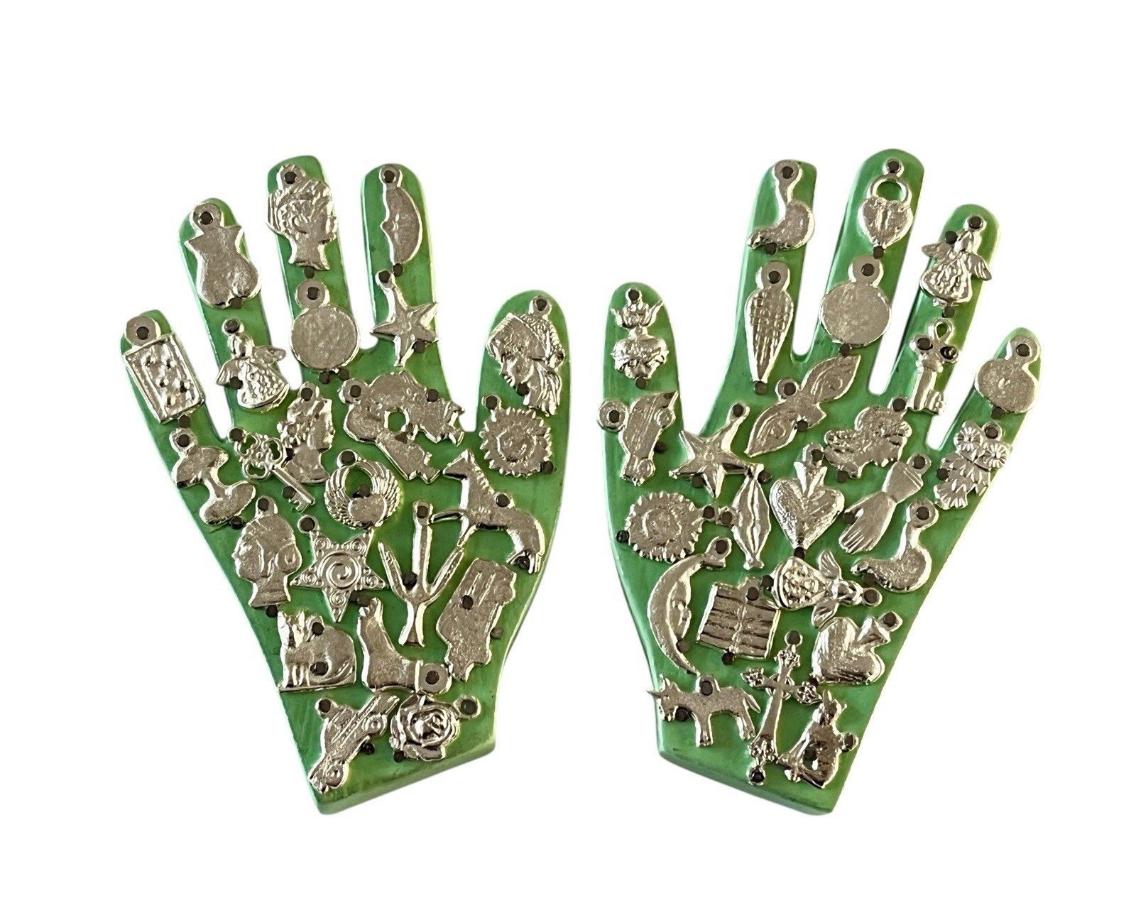 PAIR Mexican MILAGROS HANDS, Set (2) Small Hands With Charms, ExVotos GREEN