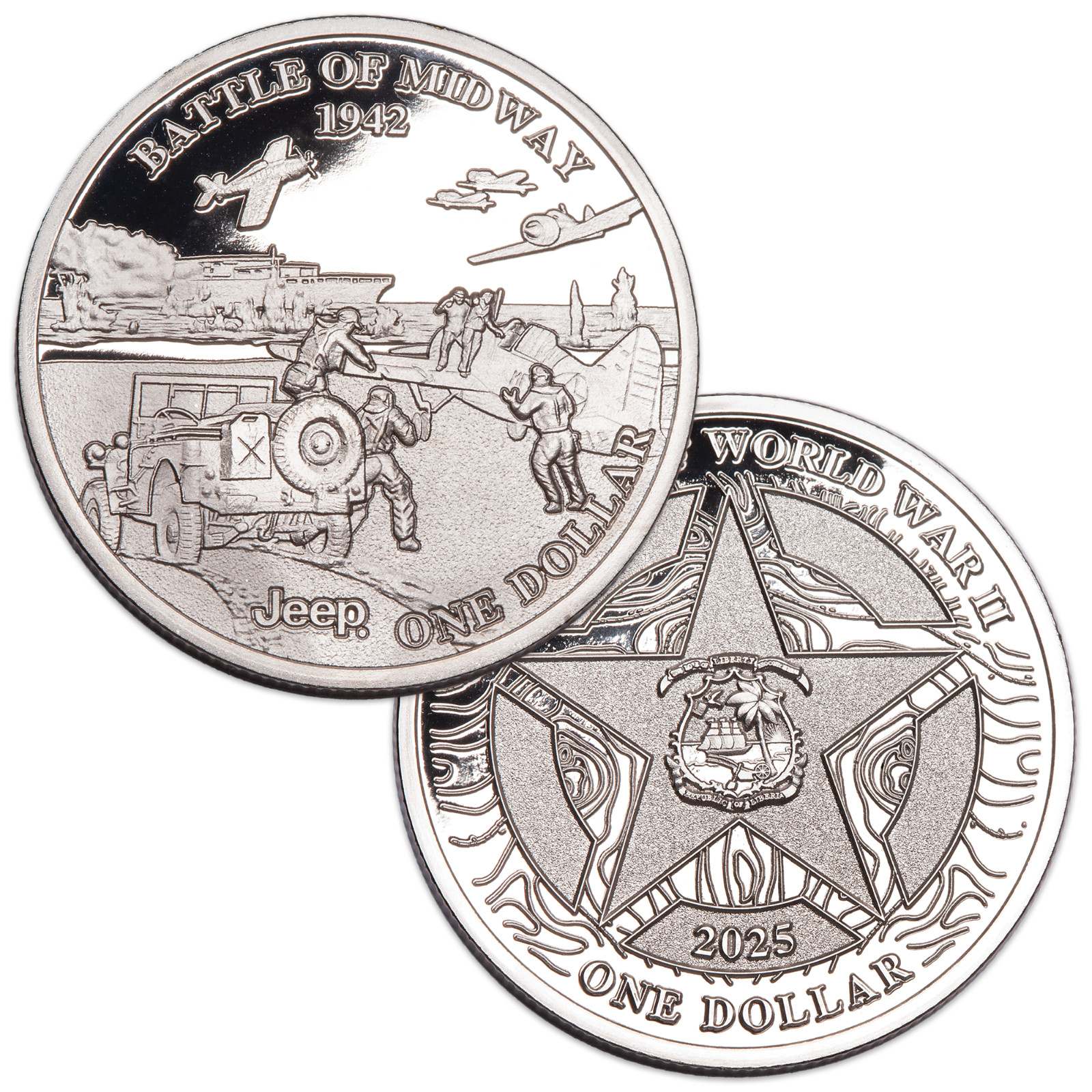 2025 Liberia Jeep Battles of World War II Battle of Midway Prooflike $1 Coin