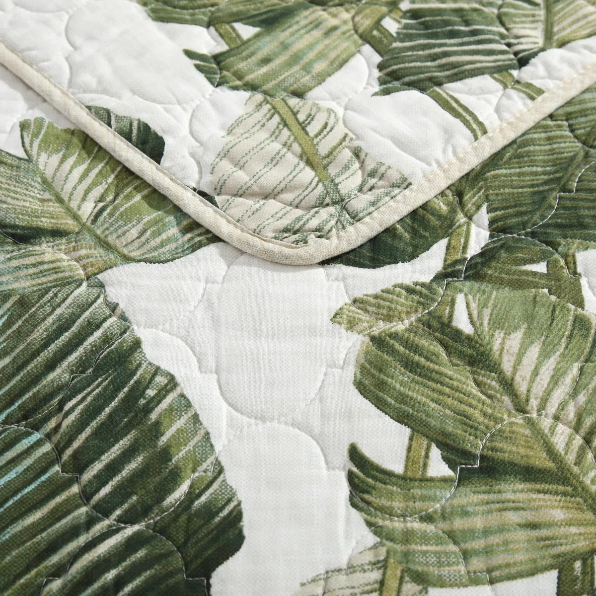 King Quilt Set Green Coastal Botanical Tropical Floral Bahama Exotic Leaves 3Pc