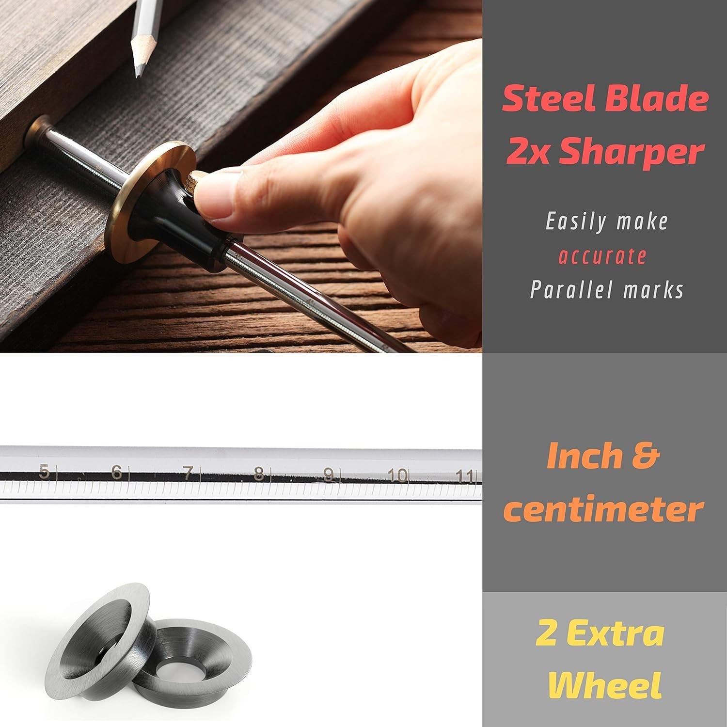 Wheel Marking Gauge, 2 Extra Blades, Laser Engraved Graduations, Solid Brass ...