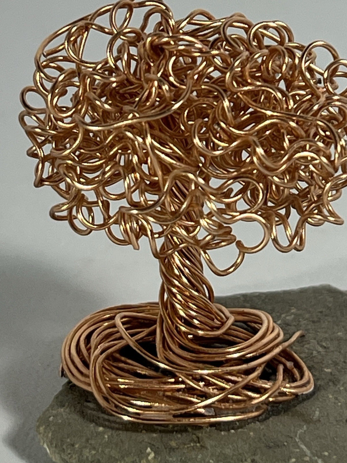 Handmade 2.25” Copper Wire Bonsai Tree Sculpture On Stone Base Decor Mini (D)