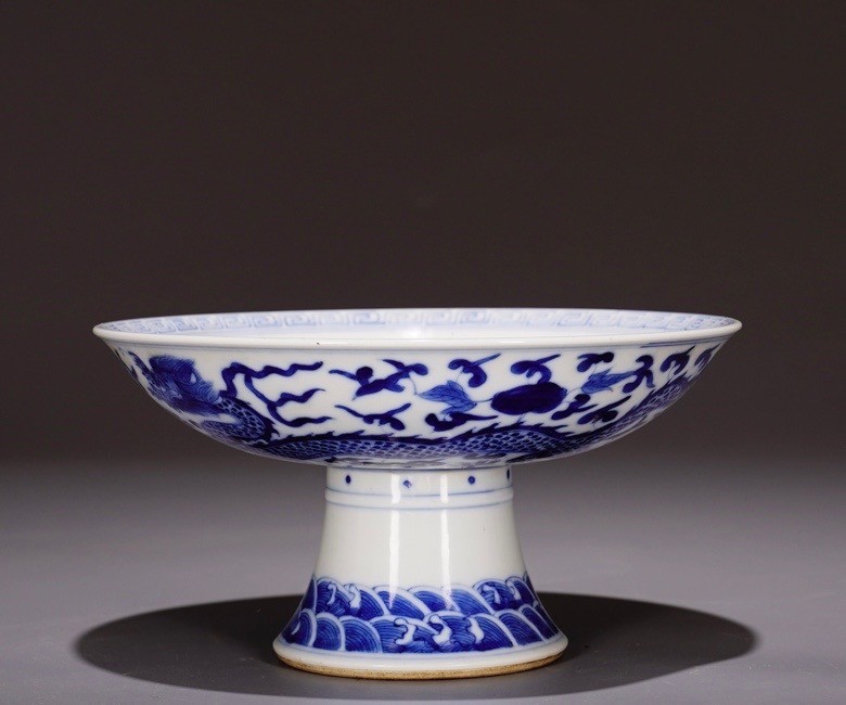 7.6'' Kangxi Marked Blue white Porcelain dragon loong beast Tray Dish Plate