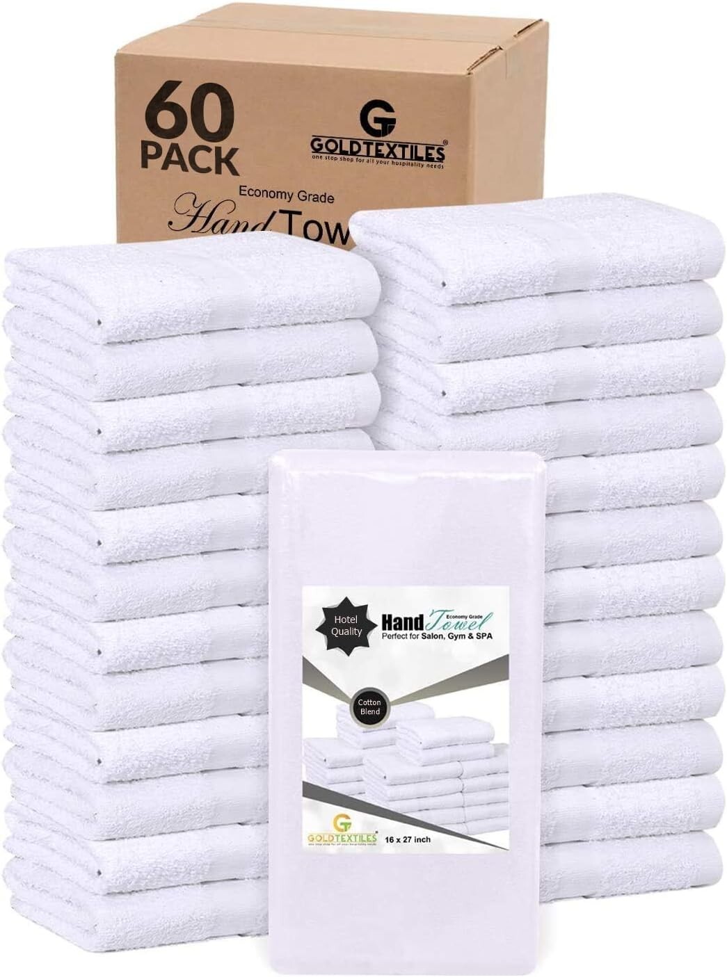 Salon Hand Towels – 16x27 Inches, White Cotton Blend, Pack of 60