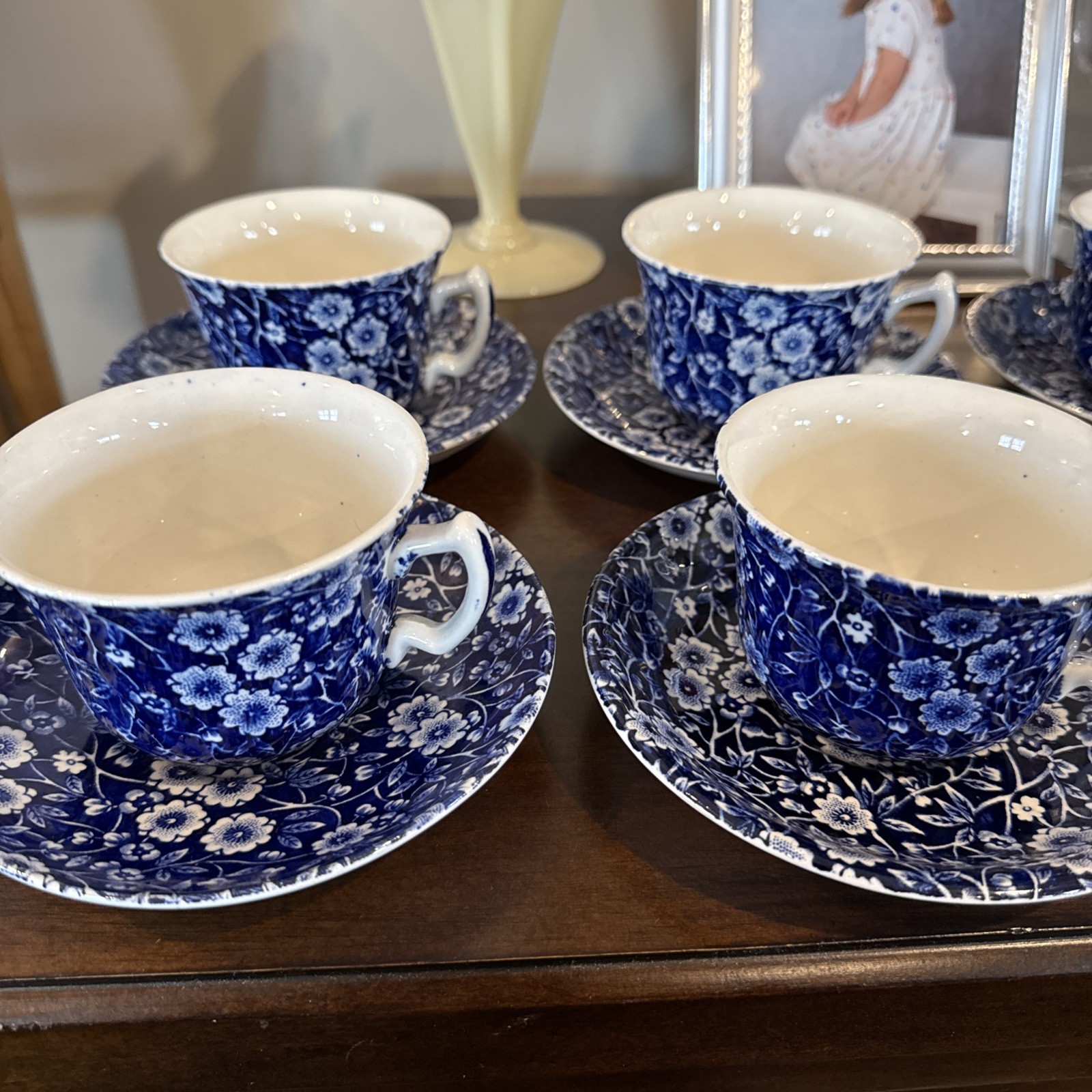 Vintage ROYAL CROWNFORD Blue Calico  Cup & Saucer 13 Sets Sold Each Excellent