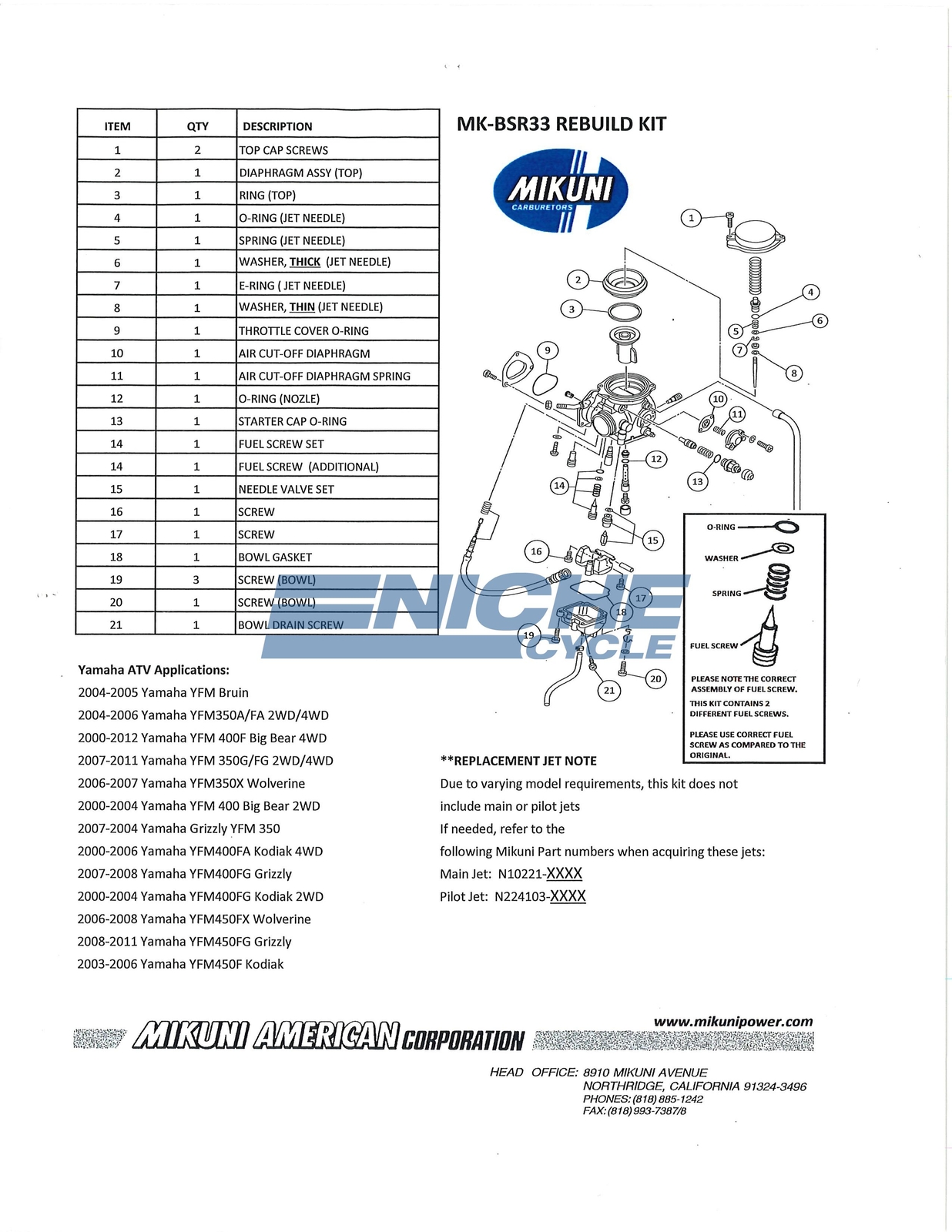 Genuine Mikuni BSR 33mm Carburetor Rebuild Repair Kit with Diaphragm MK-BSR33