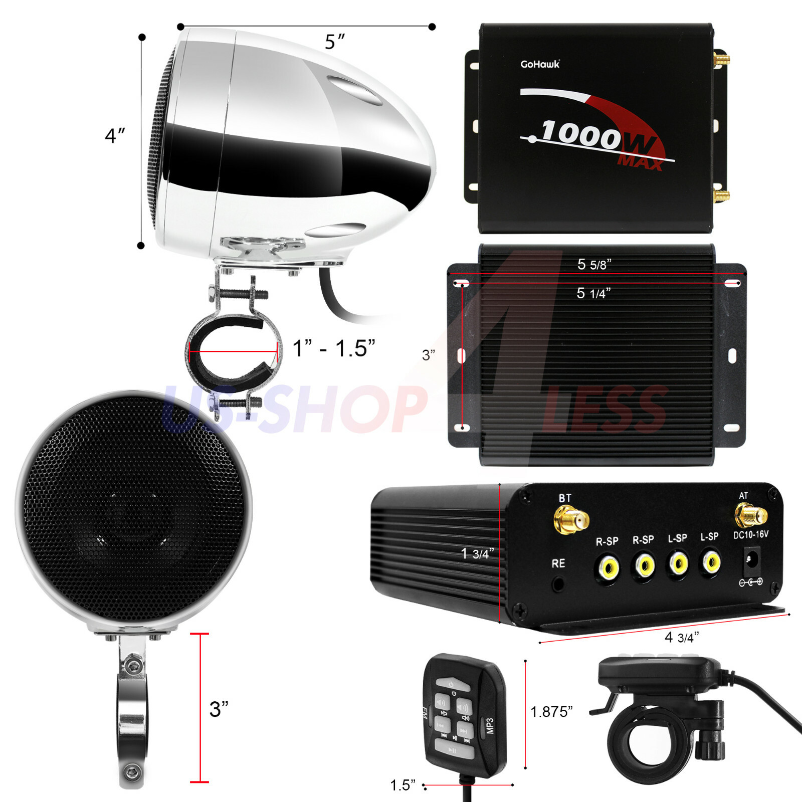 1000W AMP Waterproof Bluetooth Stereo 4 Speaker Audio System USB FM Radio Harley