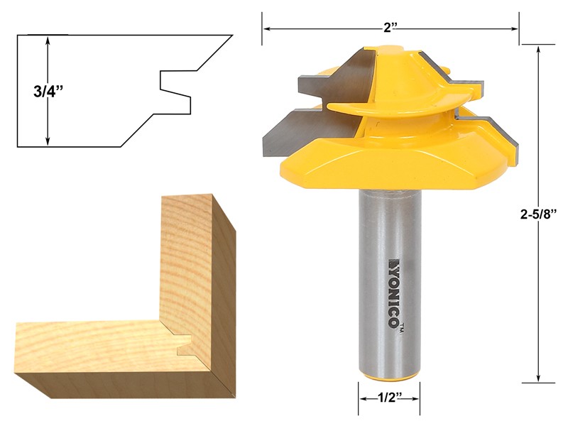 45 Degree - Up to 3/4" Stock Lock Miter Router Bit - 1/2" Shank - Yonico 15127