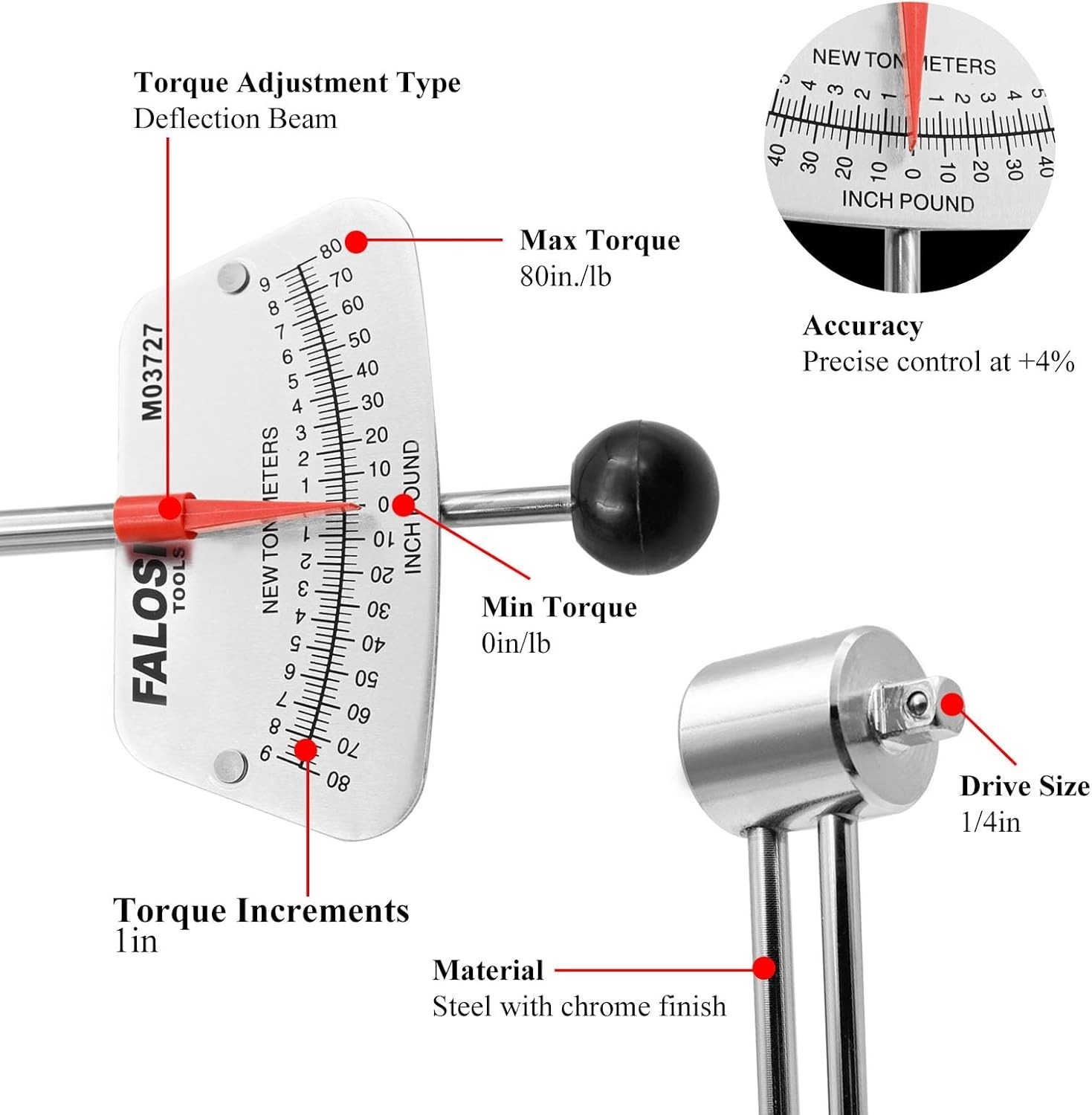 1/4-inch Drive Beam Torque Wrench - 0-80 Inch/Pounds and 0-9 Newton/Meter Torque