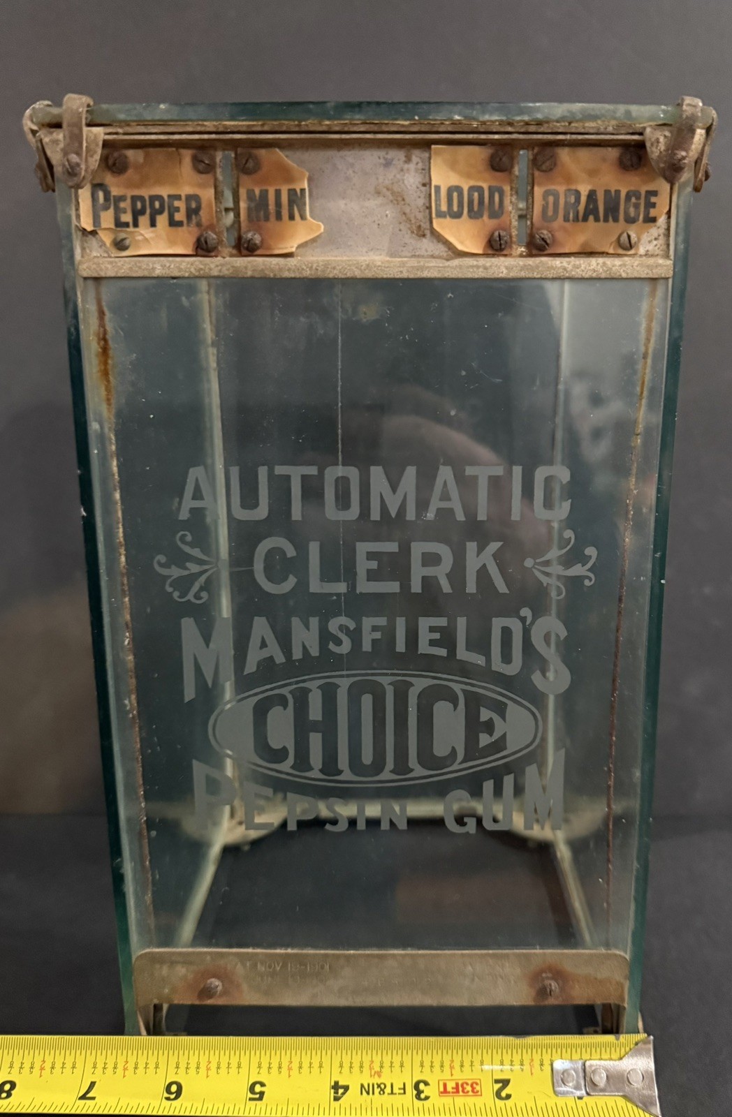 Mansfield's Choice Pepsin Gum Advertising Dispenser Glass Lid Mansfield Machine