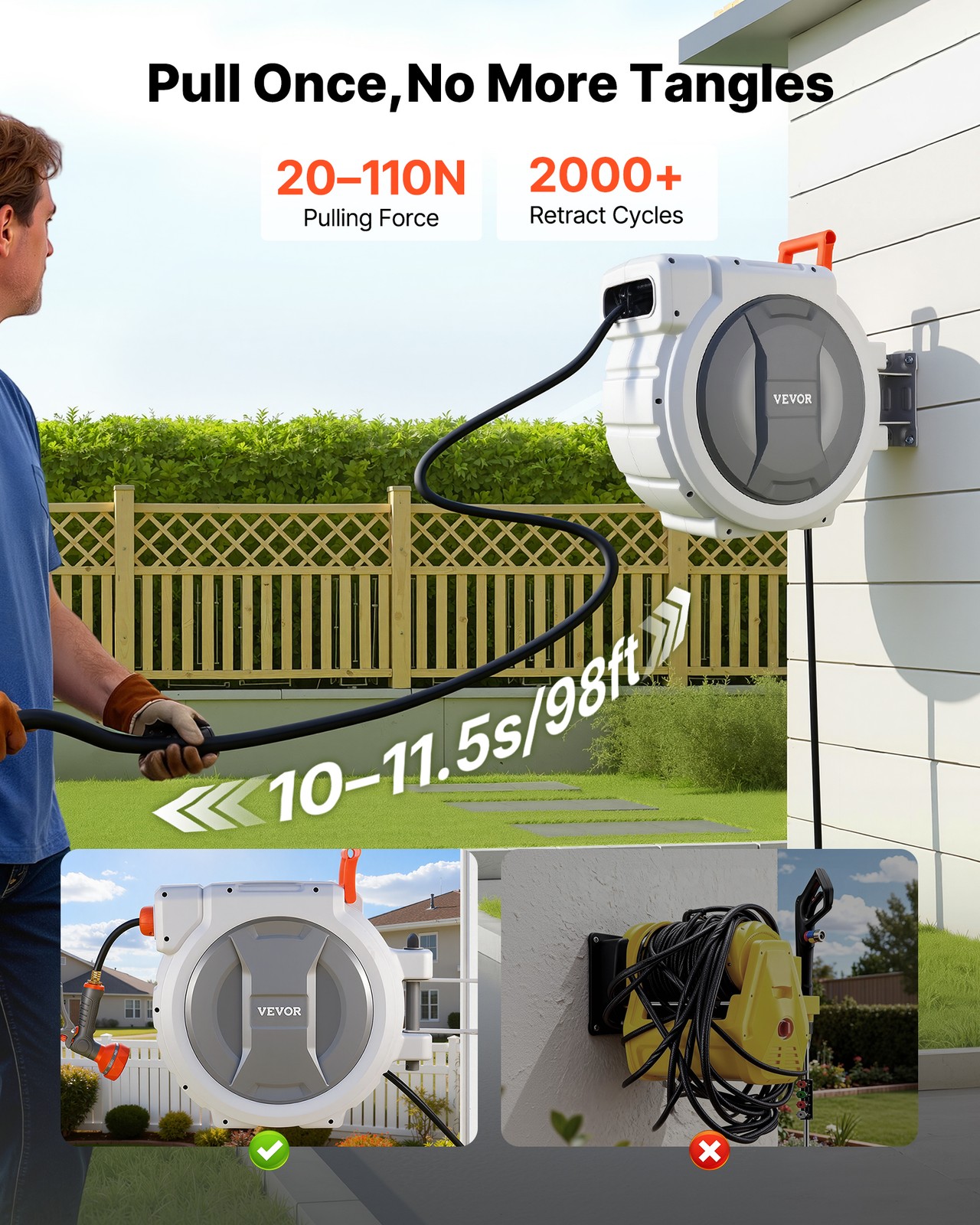 VEVOR Retractable Garden Hose Reel 1/2 in x 130 ft Wall Mount 9-Function Nozzle