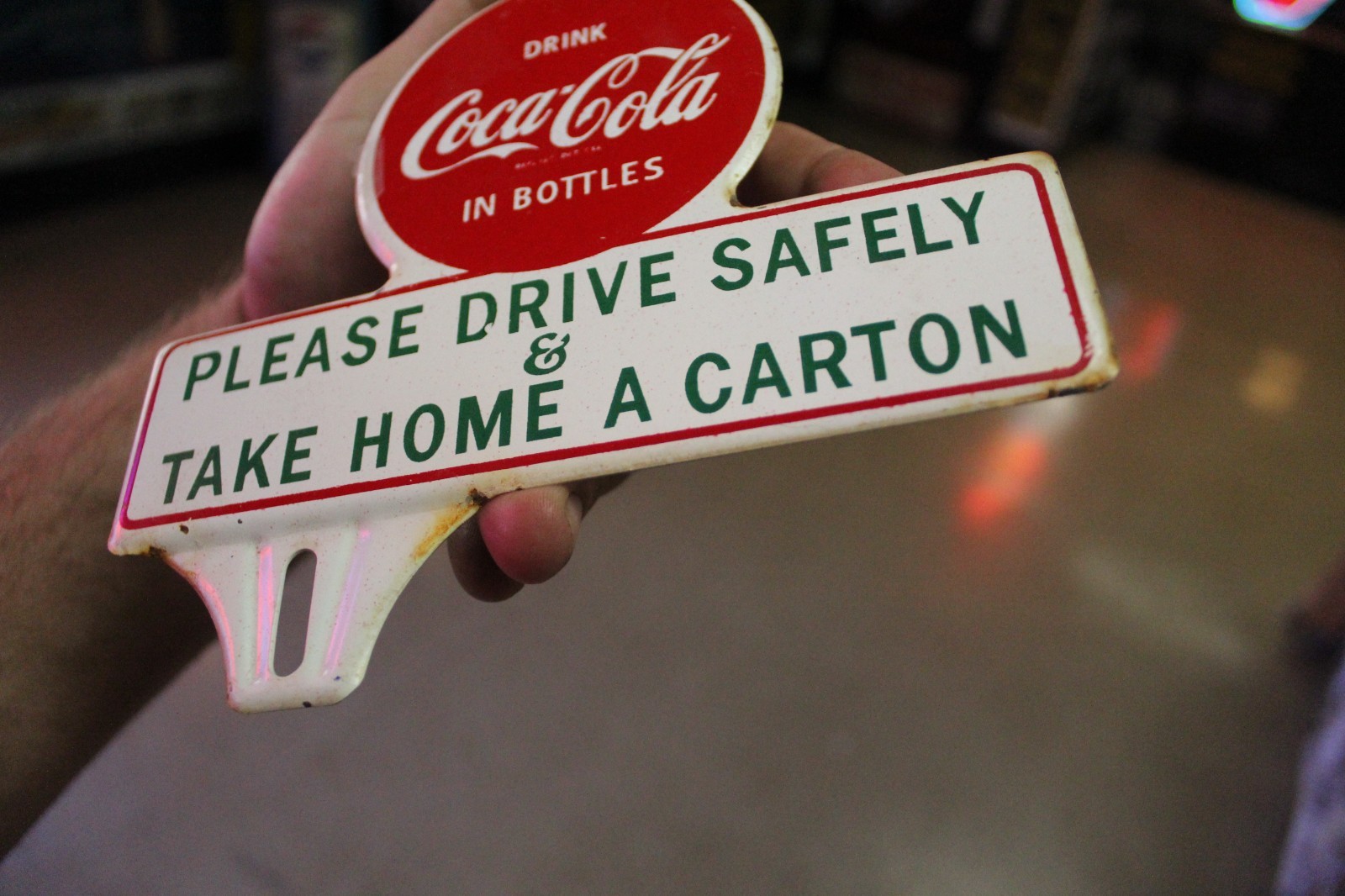 RARE 1950s DRINK COCA COLA DRIVE SAFELY STAMPED PAINTED METAL TOPPER SIGN SODA