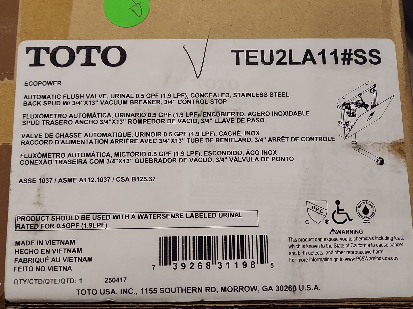 TOTO TEU2LA11#SS EcoPower 0.5 GPF Automatic Concealed Urinal Flush Valve NEW