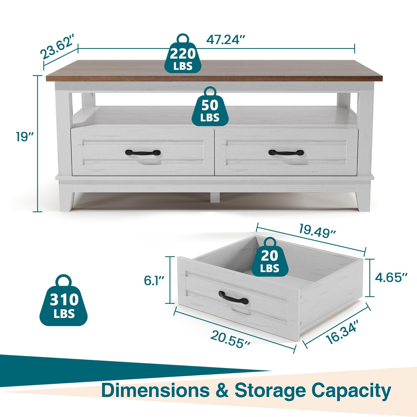 GRAVEE 47" Farmhouse Coffee Table with 2 Drawers Wood Center Storage Shelf