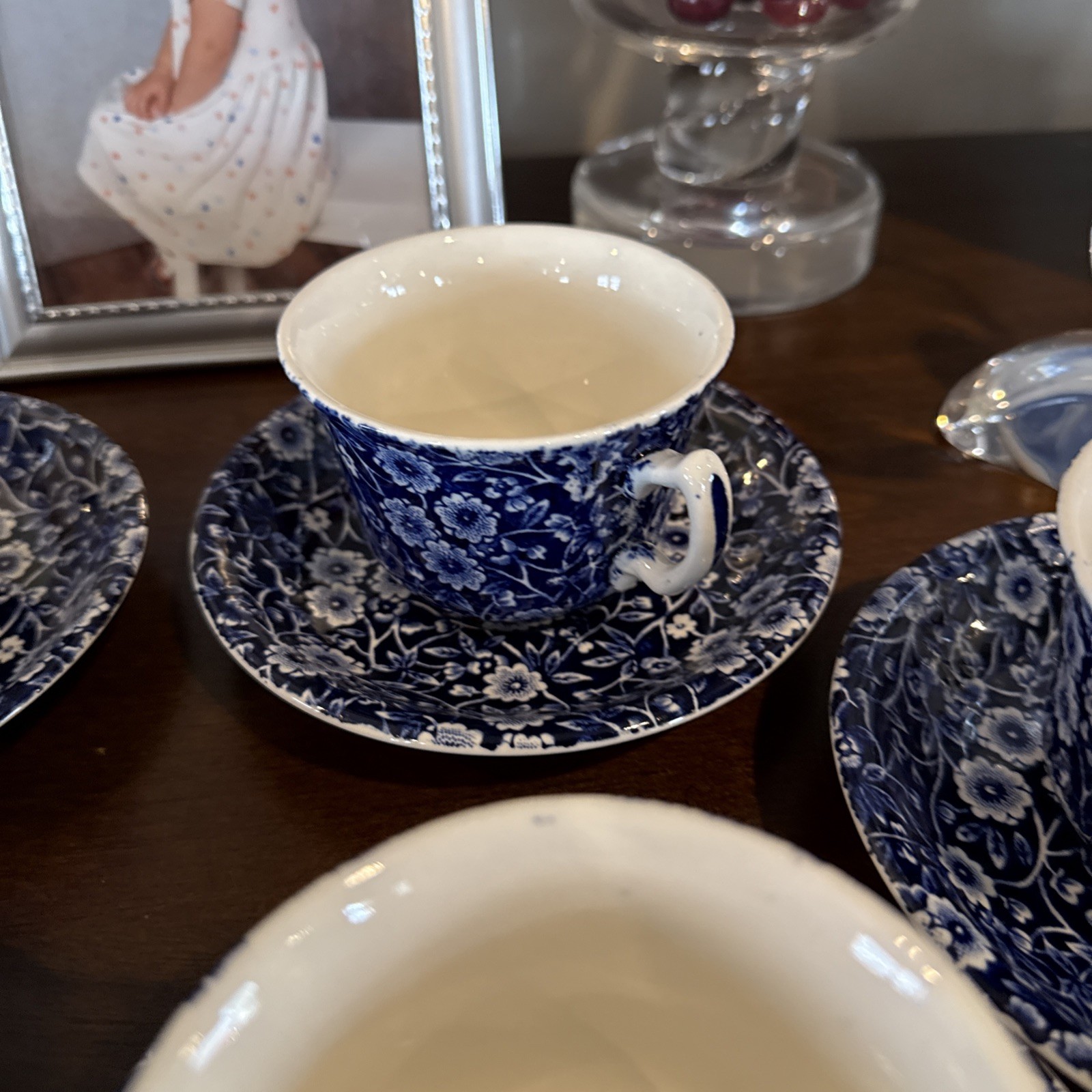 Vintage ROYAL CROWNFORD Blue Calico Cup & Saucer 13 Sets Sold Each Excellent