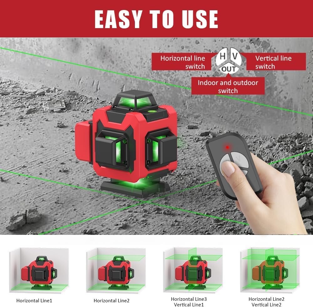 Green Laser Level,4D 16 Lines, 360 Self Leveling w/ Magnetic Bracket,2 Batteries