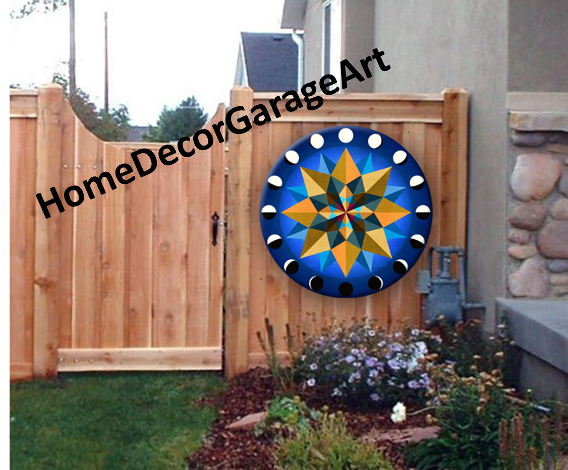 Barn Quilt Sign, 16 Point Star Blue Earth Tones, Hex Round Metal Sign 6 Sizes