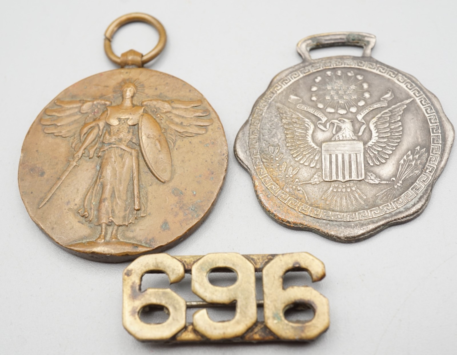 WWI Army Victory Medal, Watch Fob & 696th Field Artillery Officer Insignia Pin