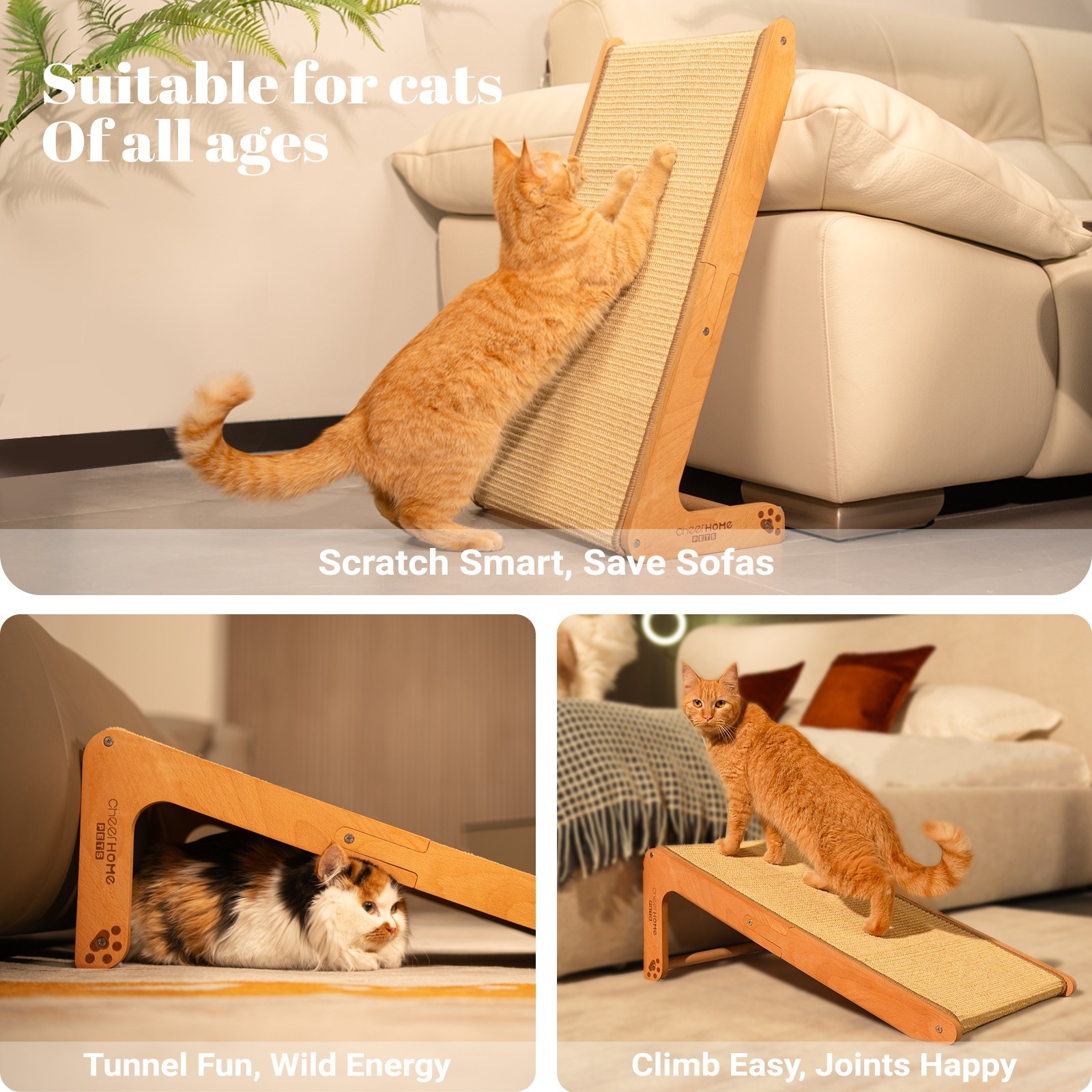 Sisal Cat Scratcher Ramp, 24.8" Solid Wooden Cats L-Shape Scratching Post