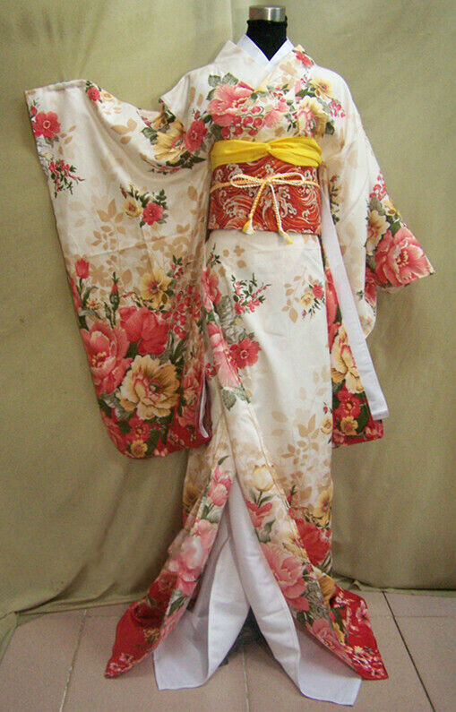 Japanese Furisode Kimonos Women Floral Yukata Long Traditional Cosplay Costumes
