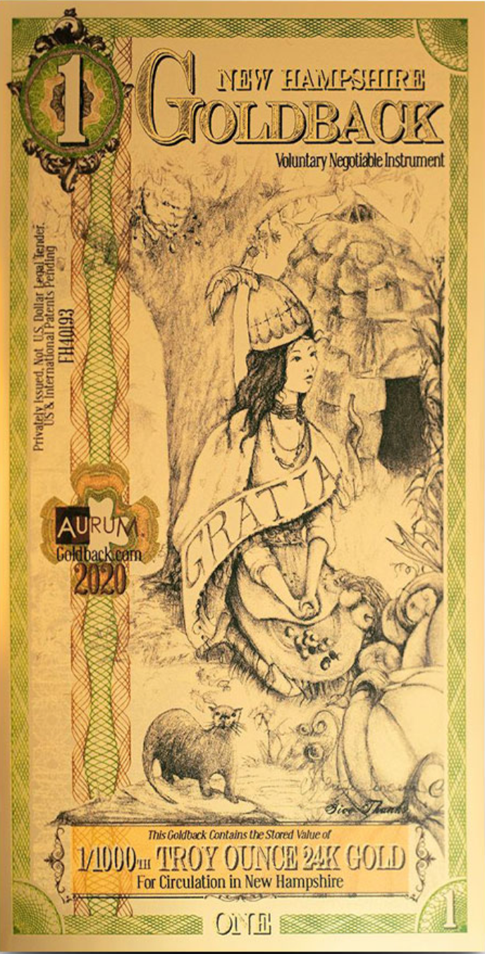 1 New Hampshire Goldback Aurum Gold Foil Note 1/1000 oz 24kt .999 Fine IN STOCK!