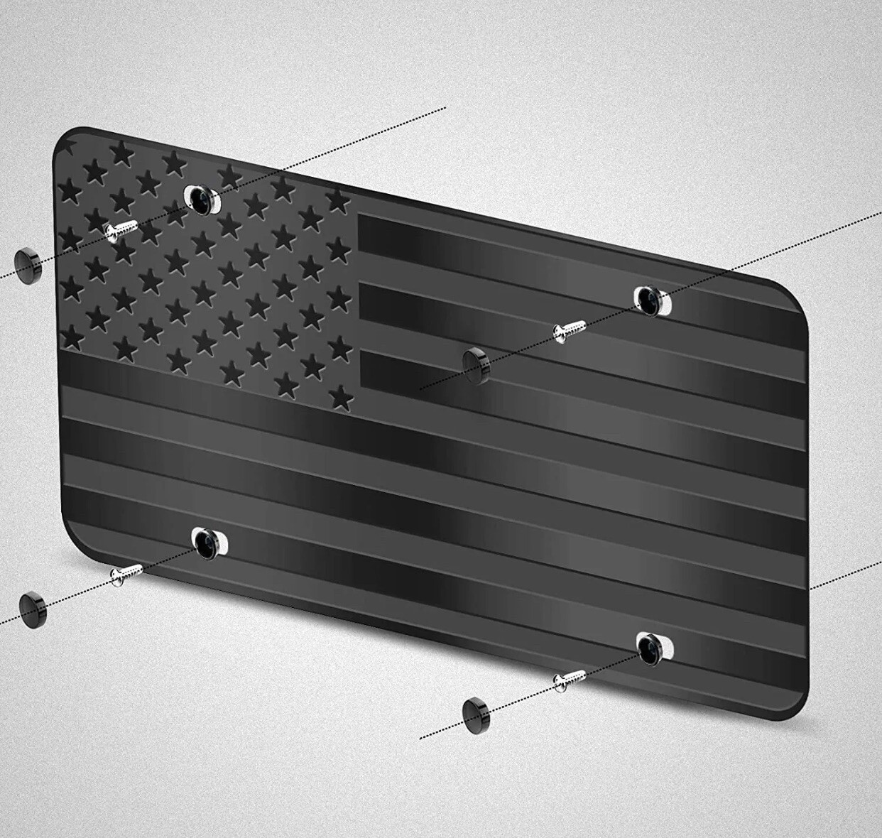 American Flag License Plate Matte Black USA Aluminum Tactical With Screws & Caps